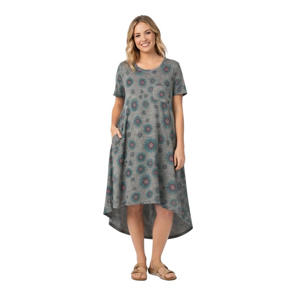 LuLaRoe Carly Dress XL Gray Floral High Low Pocket Short Sleeve